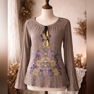 Boden Whimsical Floral Embroidered Tassel Tie Peasant Top Small 6